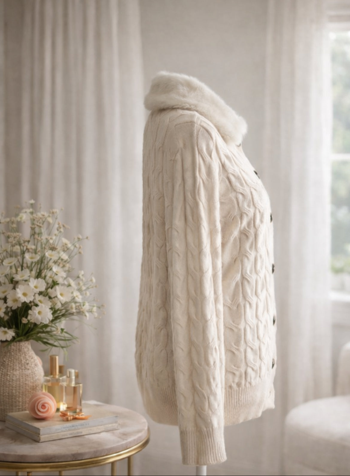 Cozy Cable-Knit Cardigan with Faux Fur Collar (Cream)