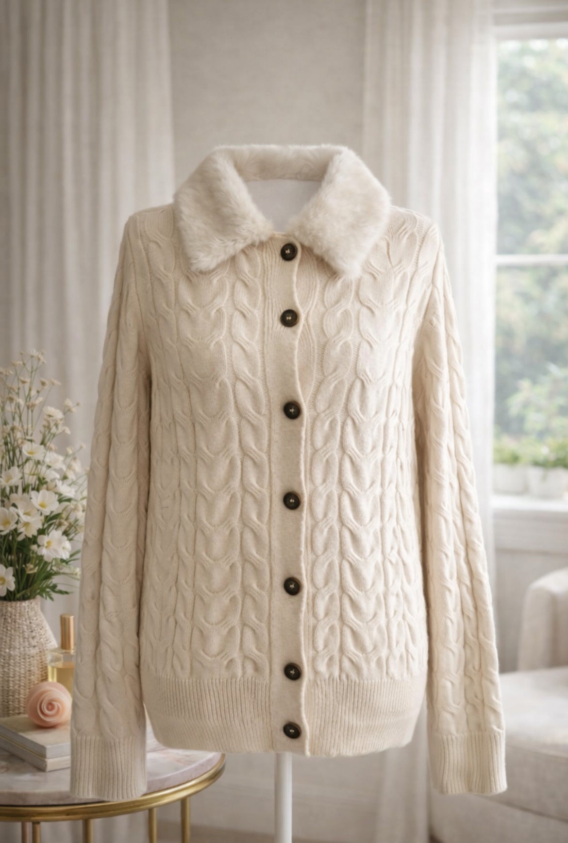 Cozy Cable-Knit Cardigan with Faux Fur Collar (Cream)