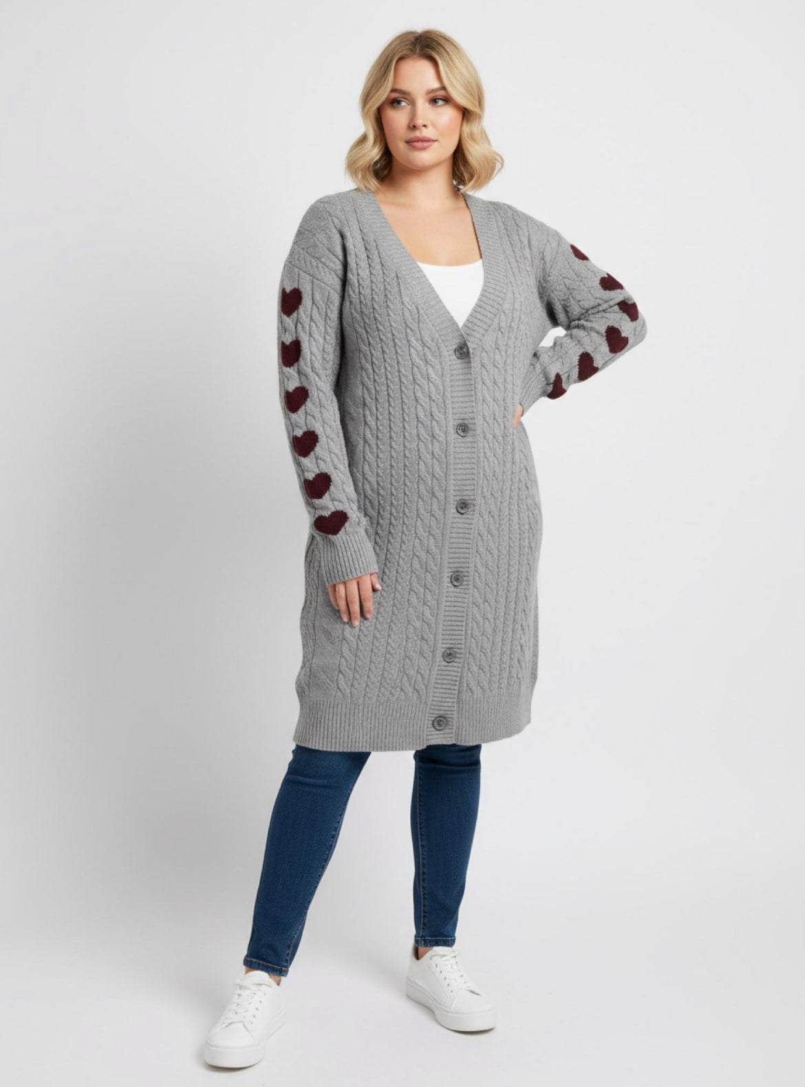 Cable-Knit Grey Cardigan with Heart Sleeves