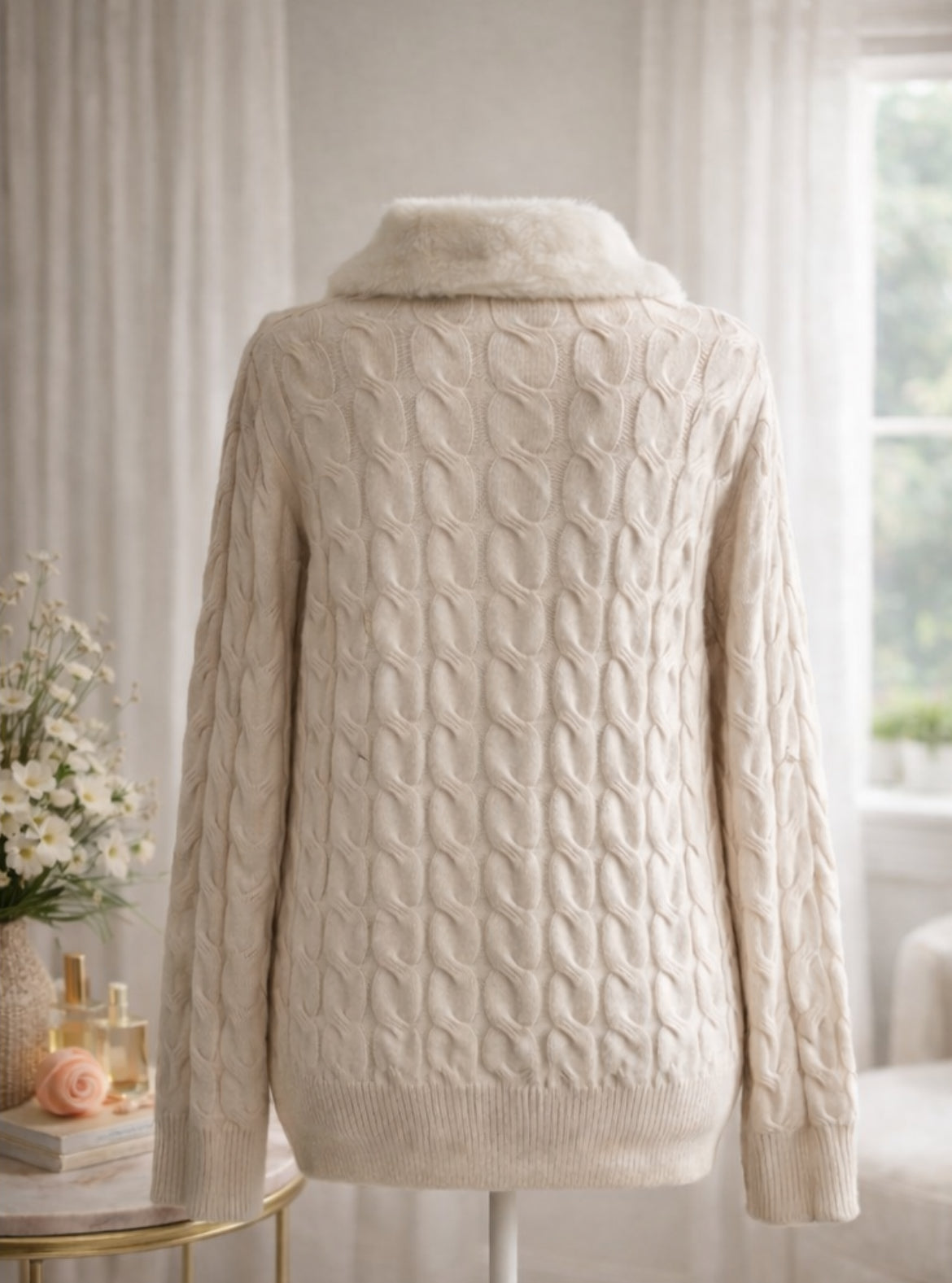 Cozy Cable-Knit Cardigan with Faux Fur Collar (Cream)