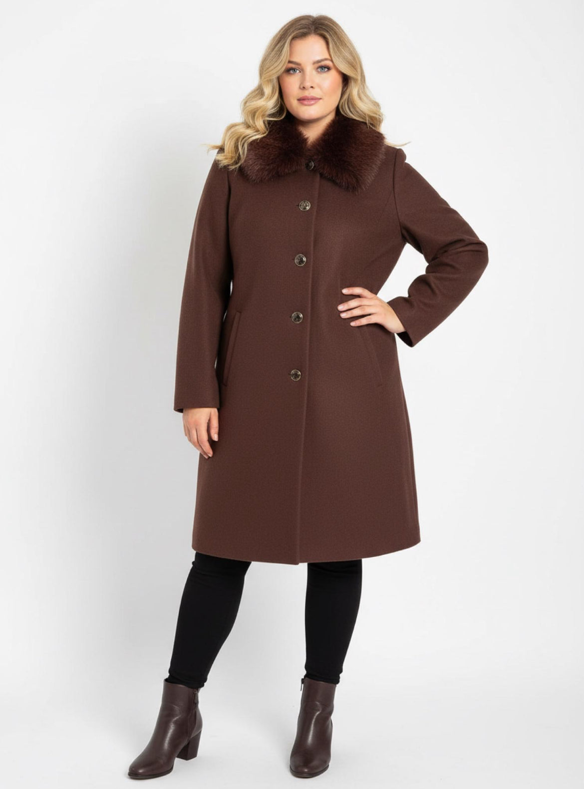 Women’s Wool-Blend Winter Coat with Faux Fur Collar – Brown