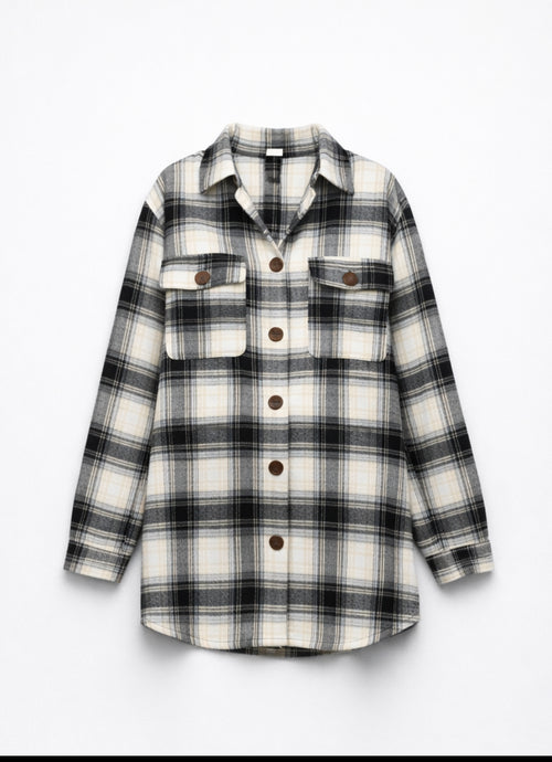 Women’s Plaid Button-Up Shacket – Oversized Flannel Shirt Jacket