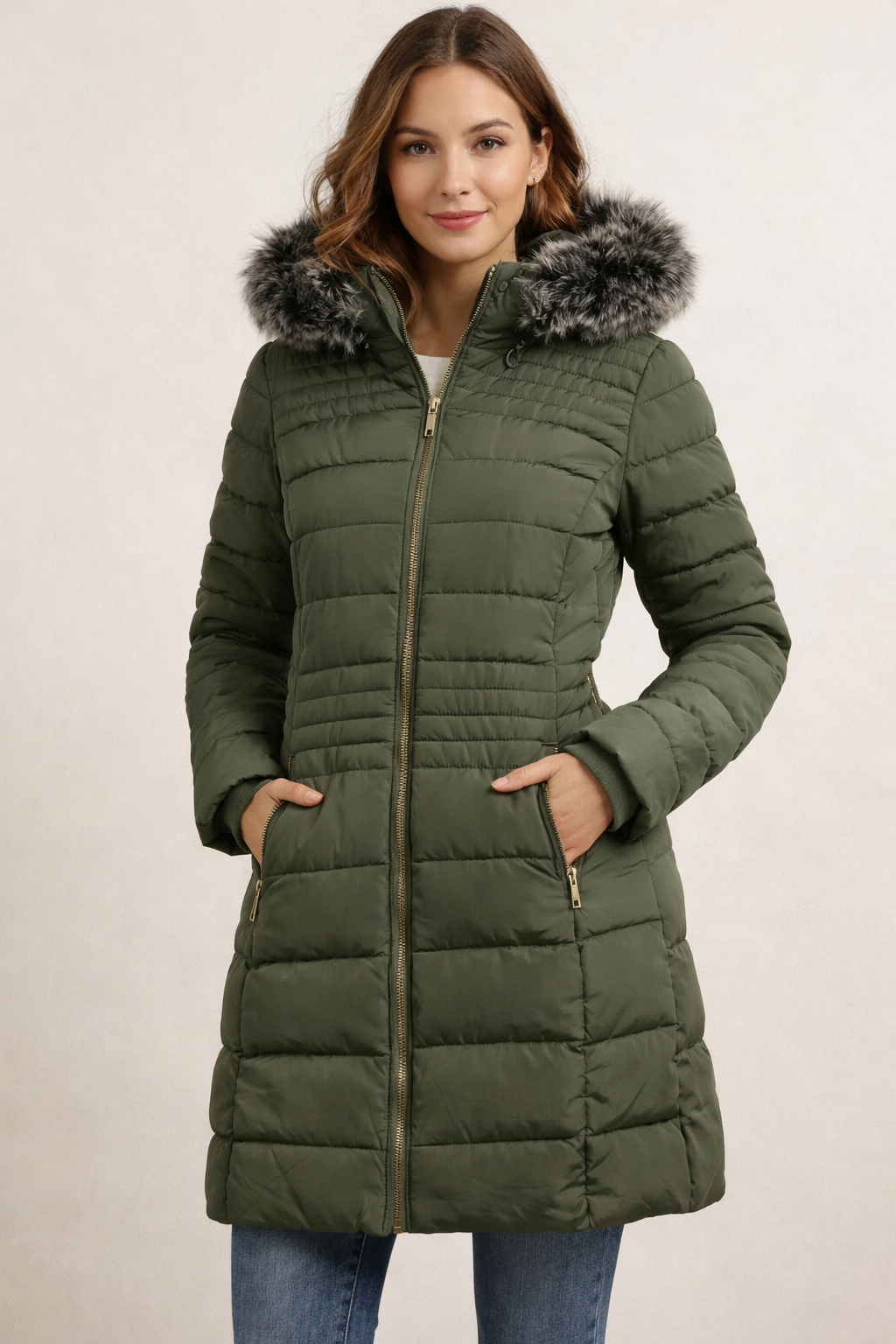 Women’s Long Puffer Coat with Faux Fur Hood – Winter Essential (Sizes M & L)
