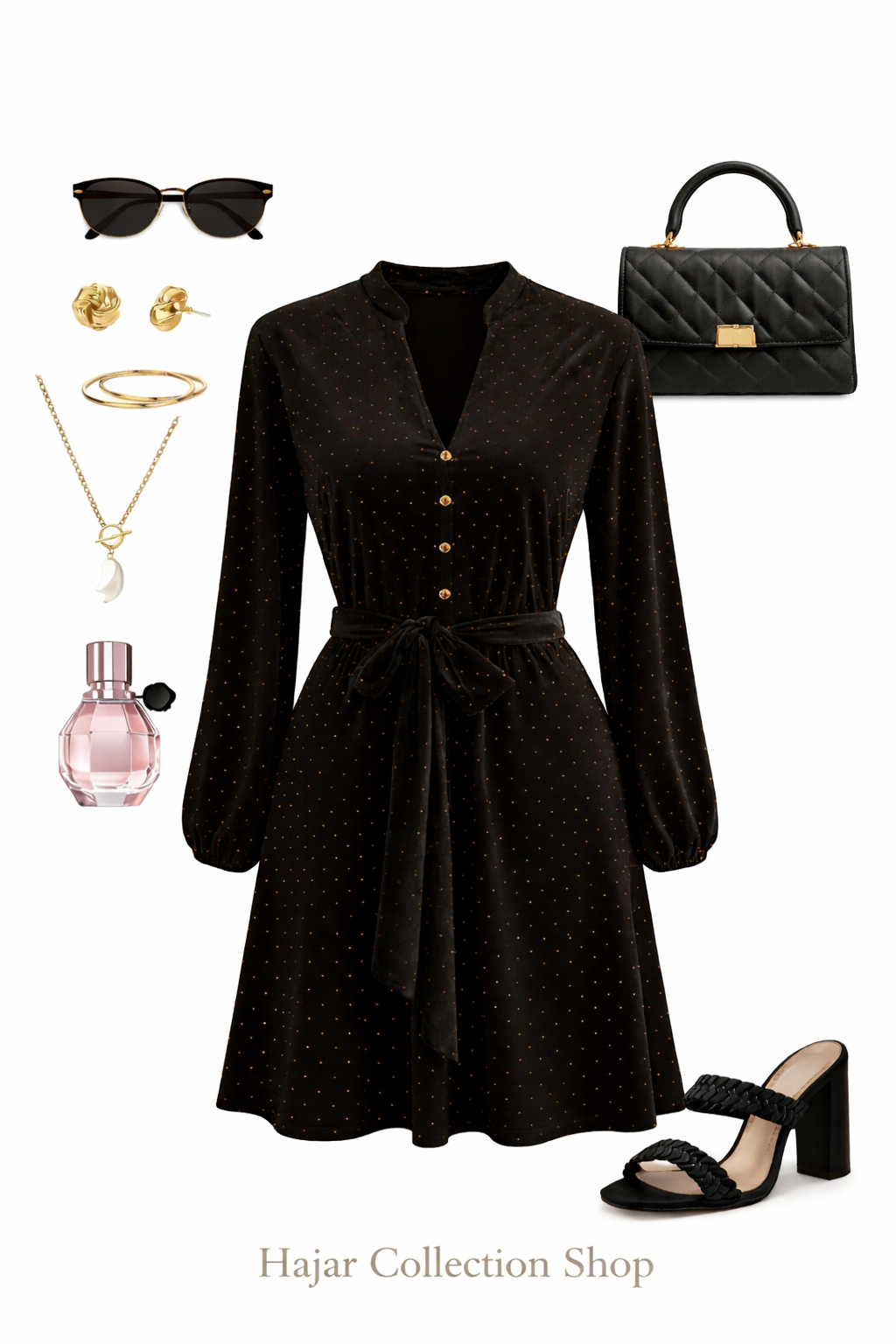 Black Mini Dress with Gold Dots