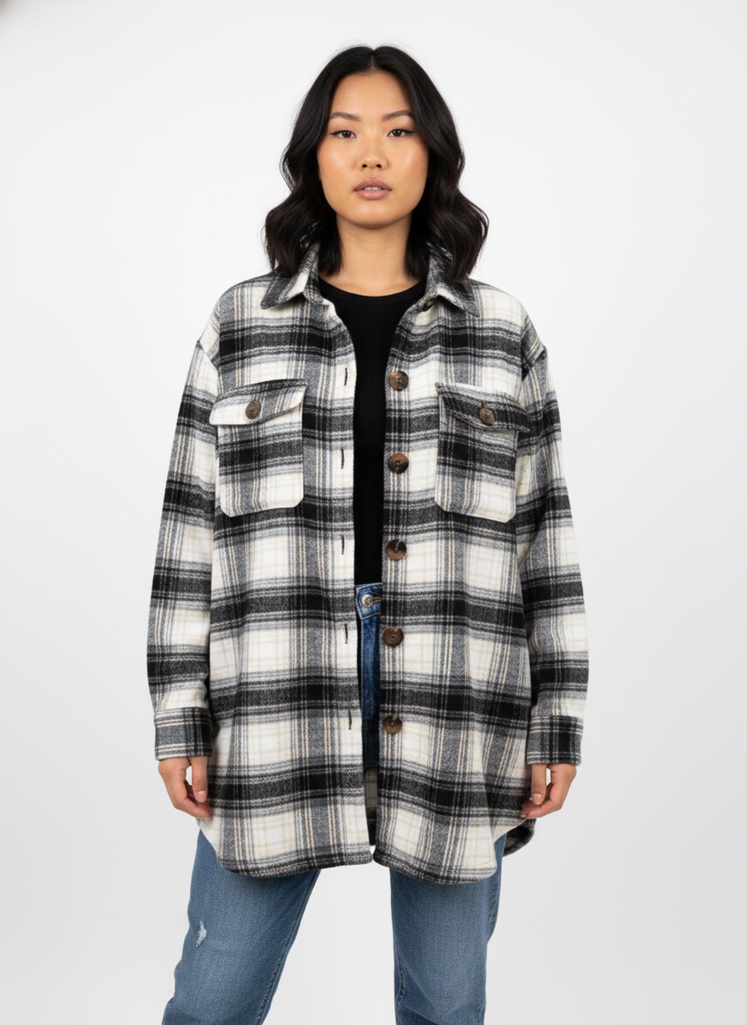 Women’s Plaid Button-Up Shacket – Oversized Flannel Shirt Jacket